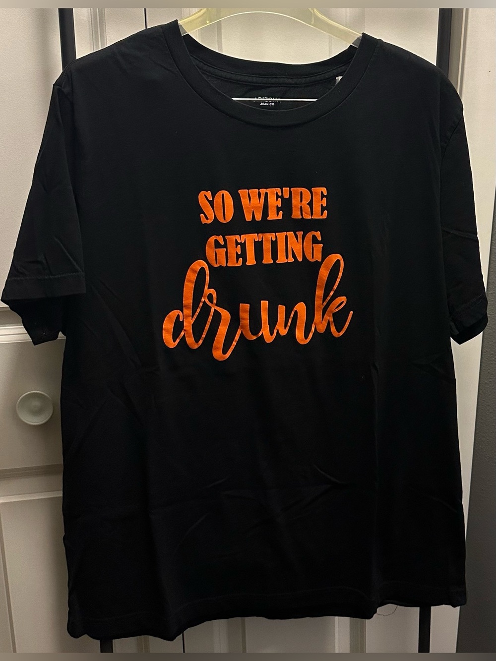 Men's Black Graphic Tee with Orange 'So We're Getting Drunk' Print